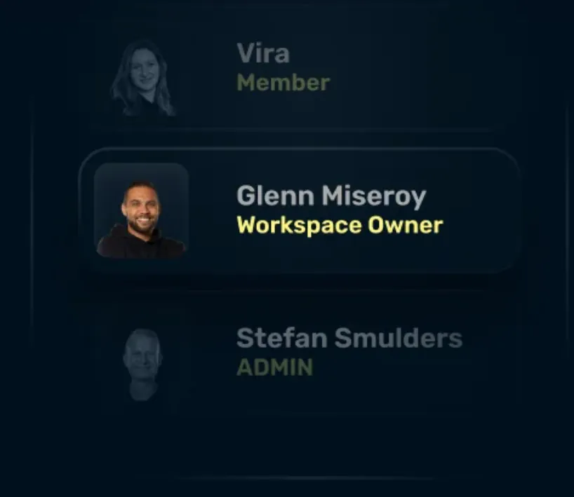 A screenshot displays a list of users and their roles in a dark interface. The list shows Vira as a Member, Glenn Miseroy as a Workspace Owner, and Stefan Smulders as an Admin. Each user has a profile picture next to their name.