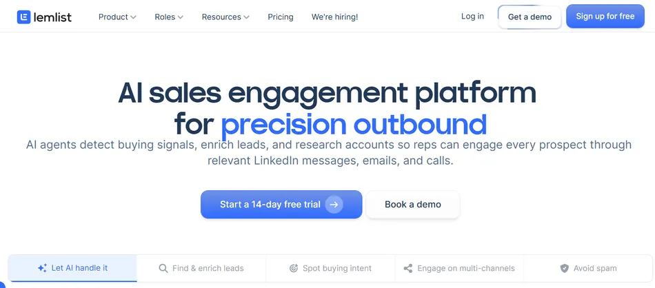 A screenshot of the lemlist website homepage, featuring a large headline that reads 'AI sales engagement platform for precision outbound' and a subheader describing AI agents that detect buying signals and enrich leads. Below the headline are two call-to-action buttons, 'Start a 14-day free trial' and 'Book a demo'. The top navigation bar includes links for Product, Roles, Resources, Pricing, and Log in.