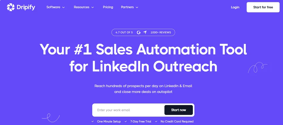 A screenshot of the Dripify homepage, displaying a purple background with white text. The main headline reads, Your #1 Sales Automation Tool for LinkedIn Outreach, with an email input field and a Start now button below.