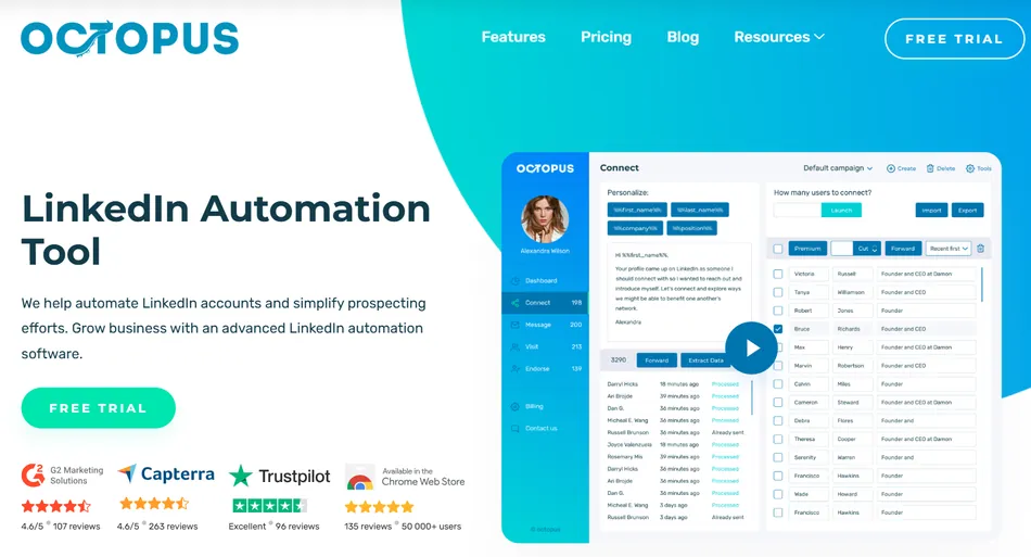 A screenshot of the Octopus LinkedIn Automation Tool website, featuring a dashboard that automates LinkedIn connections and prospecting. The left side displays the company logo, a main headline, a call to action button, and positive ratings from G2 Marketing Solutions, Capterra, and Trustpilot. The right side shows an interface for personalizing connection messages and managing a list of users to connect with, including names, titles, and processing status.
