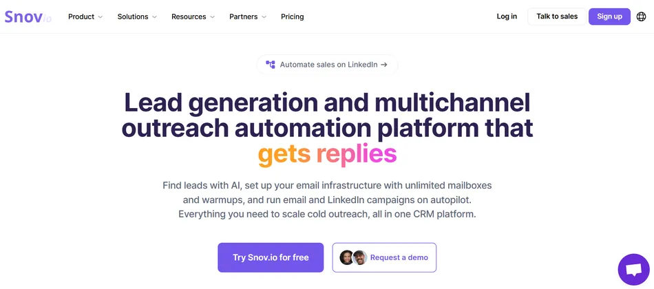 A screenshot of the Snov.io website, displaying the headline 'Lead generation and multichannel outreach automation platform that gets replies.' The page features options to try Snov.io for free or request a demo, along with navigation links at the top.