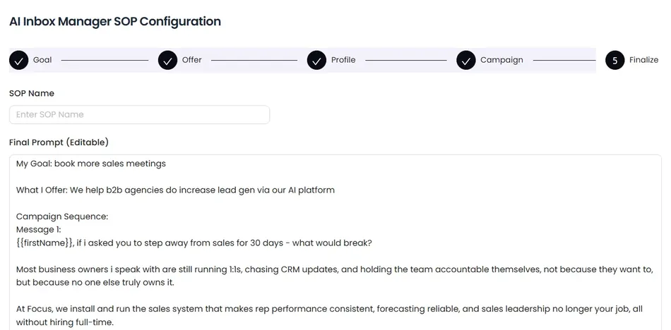 This is a screenshot of an AI Inbox Manager SOP Configuration page. It shows a five-step process for configuring a standard operating procedure, with 'Goal', 'Offer', 'Profile', and 'Campaign' marked as complete and 'Finalize' as the current step. The page also includes fields for an SOP Name and a 'Final Prompt Editable' section displaying details for My Goal, What I Offer, and a Campaign Sequence with a personalized message.