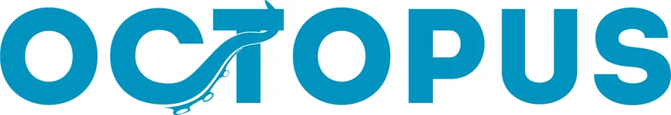 The word 'OCTOPUS' is spelled out in a bold, sans-serif, teal blue font on a black background. An stylized octopus tentacle extends from the top of the 'C', wraps around the 'T', and has three visible suction cups towards the bottom of the 'T'.
