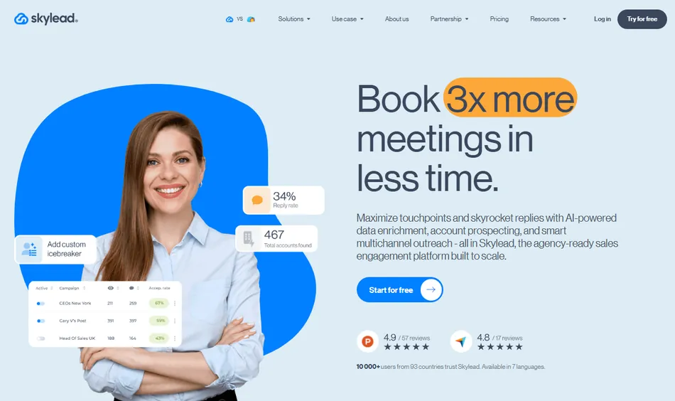 A homepage screenshot for Skylead, a sales engagement platform. The page features a smiling woman in a blue shirt with her arms crossed, set against a blue and light blue background with several data points and a call to action to book more meetings.