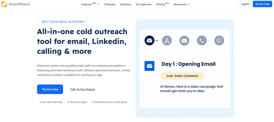 A screenshot of the SmartReach website homepage, showing the title 'All-in-one cold outreach tool for email, LinkedIn, calling & more' on the left and an example email outreach sequence on the right. The top navigation includes features, channels, solutions, agencies, pricing, and resources, with 'Try For Free' and 'Log In' buttons in the top right.