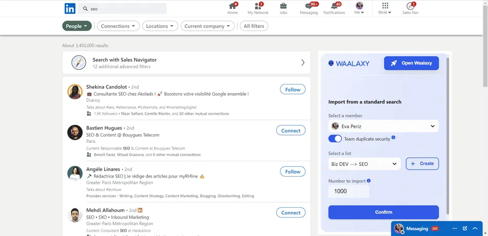 A screenshot of a LinkedIn search results page for 'SEO' with a Waalaxy extension panel open on the right. The Waalaxy panel allows importing search results into a list named 'Biz DEV --> SEO' with an import number of 1000.