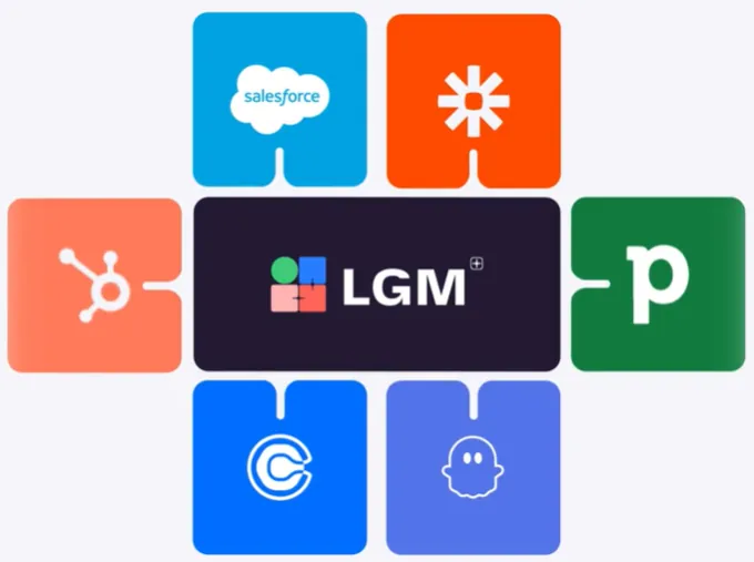 A graphic displaying the LGM logo at the center, connected to six other company logos. Clockwise from the top, these logos are Salesforce, an orange asterisk symbol likely representing an identity management service, a green square with a white 'p', a light purple square with a white ghost icon, a blue square with a white 'C' or circular logo, and an orange square with a white sputnik-like icon.