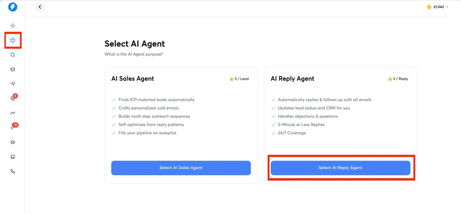 A screenshot of a web application showing a page titled 'Select AI Agent'. There are two main options presented, 'AI Sales Agent' and 'AI Reply Agent', each with a list of features and a 'Select' button below. The 'Select AI Reply Agent' button is highlighted with a red rectangle, and an icon on the left sidebar, resembling a gear or cogwheel, is also highlighted.