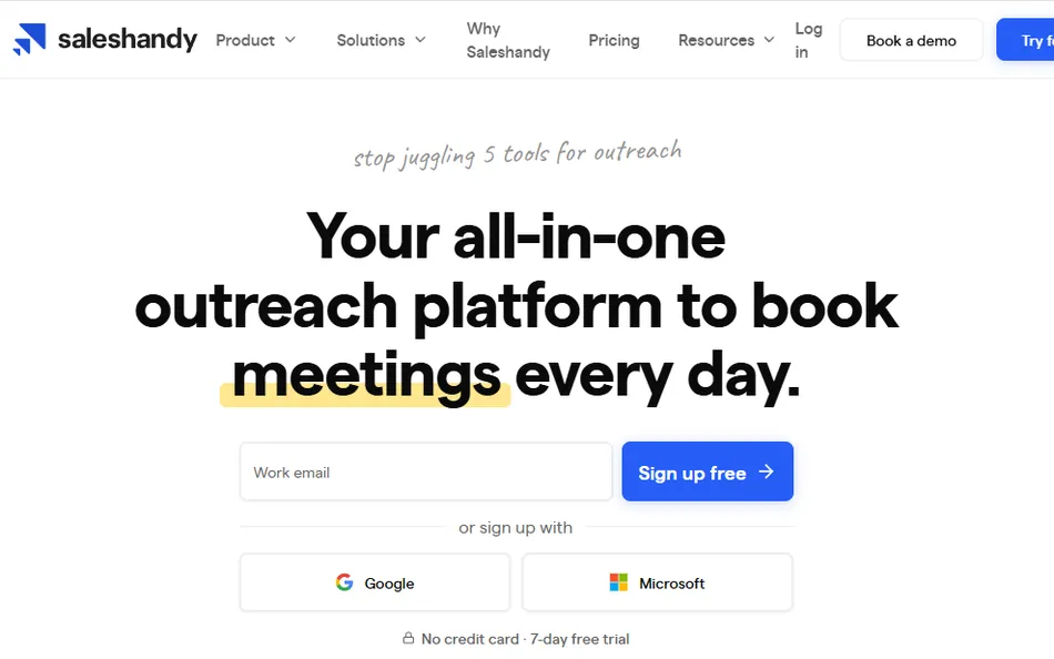A screenshot of the Saleshandy website's landing page, featuring the headline 'Your all-in-one outreach platform to book meetings every day.' Below the headline are an email input field and 'Sign up free' button, along with options to sign up with Google or Microsoft.