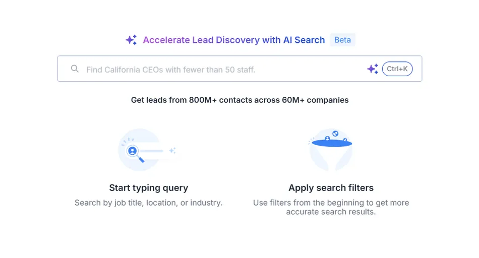 This image shows a lead discovery platform with a search bar at the top, allowing users to find California CEOs with fewer than 50 staff. Below the search bar, it states 'Get leads from 800M+ contacts across 60M+ companies.' Two main options are presented below, 'Start typing query' for searching by job title, location, or industry, and 'Apply search filters' to get more accurate search results.