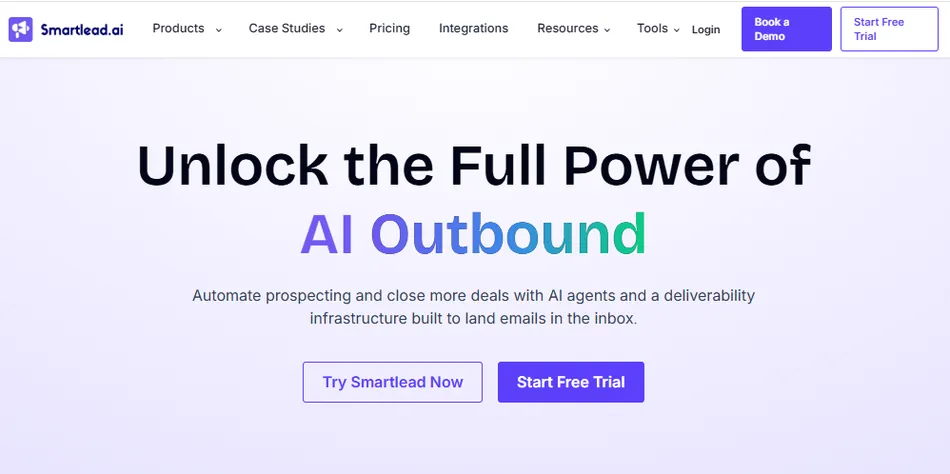 A screenshot of the Smartlead.ai homepage, featuring the headline 'Unlock the Full Power of AI Outbound' in large text. Below the headline is a description, 'Automate prospecting and close more deals with AI agents and a deliverability infrastructure built to land emails in the inbox.' Two call-to-action buttons are visible, 'Try Smartlead Now' and 'Start Free Trial.' The navigation bar at the top includes links for Products, Case Studies, Pricing, Integrations, Resources, Tools, Login, Book a Demo, and Start Free Trial.