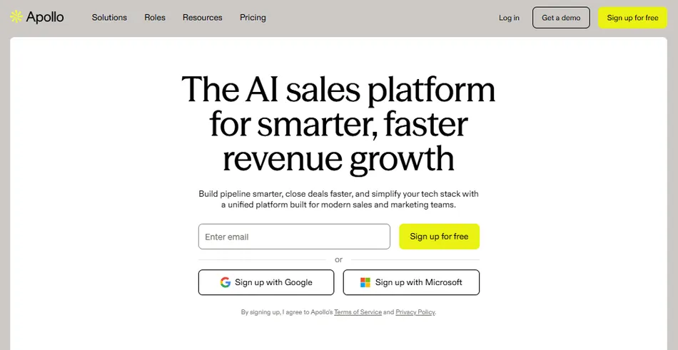 This image shows the homepage of the Apollo website. The main headline reads, The AI sales platform for smarter, faster revenue growth, with options to sign up using an email, Google, or Microsoft.