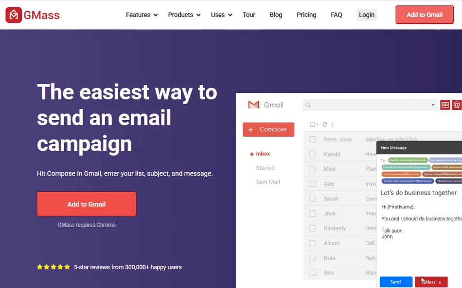 A screenshot of the GMass website showing its homepage. On the left side, there is text that says 'The easiest way to send an email campaign' with a button to 'Add to Gmail'. On the right side, an example of a Gmail interface is displayed, showing a 'New Message' window open with multiple recipients and an email draft titled 'Let's do business together'.