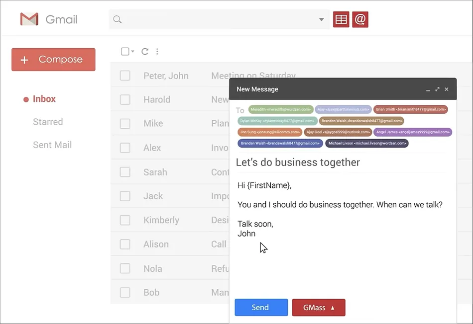 A screenshot of the Gmail interface showing an open new message compose window. The message is addressed to multiple recipients, has the subject 'Let's do business together,' and a body with a personalized greeting and a business inquiry. Below the message are 'Send' and 'GMass' buttons.