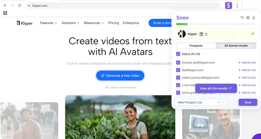 A screenshot of the Klyper website showing a banner for 'Create videos from text with AI Avatars' and a button to 'Generate a free video'. On the right, a browser extension window is open, displaying email addresses associated with klyper.com, along with options to select or add them to a prospect list.