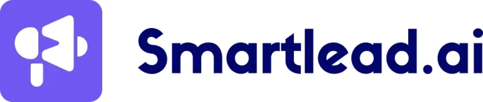 The image displays the logo for Smartlead.ai, featuring a purple square icon with a white megaphone and the company name 'Smartlead.ai' in a dark blue font next to it.