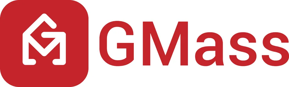 The GMass logo features a red square with rounded corners on the left, containing a white outline of an envelope icon with a 'G' integrated into its design. To the right of this icon, the word GMass is written in bold, red capital letters.