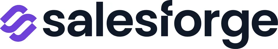The image shows the Salesforge logo against a black background. To the left is a purple stylized 'S' or 'SF' icon, followed by the word 'salesforge' in a dark blue, sans-serif font.