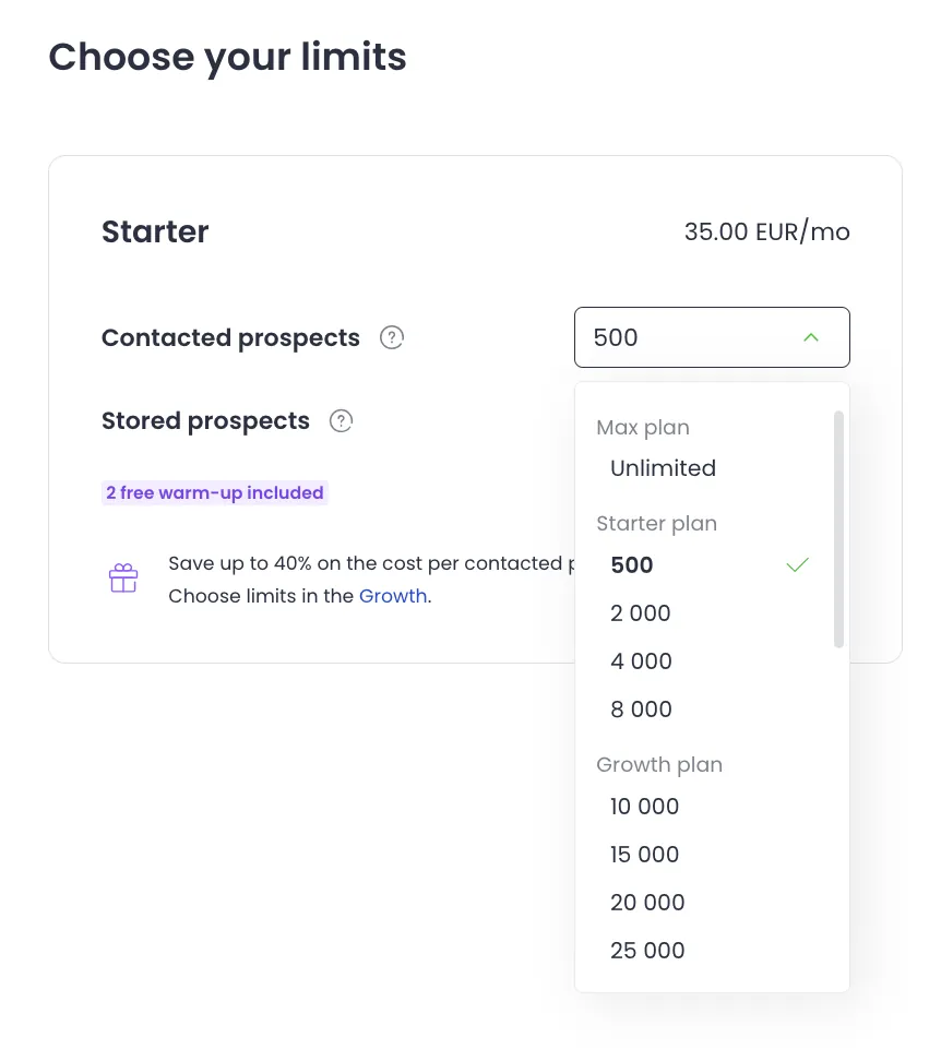 A screenshot displays a 'Choose your limits' interface for a 'Starter' plan priced at 35.00 EUR per month. The user is selecting the number of 'Contacted prospects' from a dropdown menu, with '500' currently selected and a list of options ranging from 'Unlimited' to '25 000' visible. The interface also mentions 'Stored prospects' and a benefit of '2 free warm-up included'.