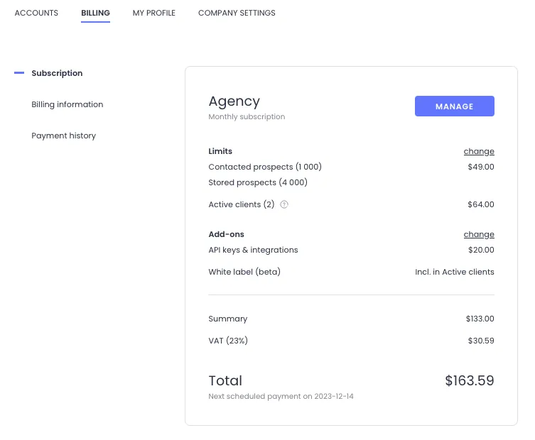 A screenshot of a web application's billing page, showing a summary of an Agency's monthly subscription. It displays limits for contacted prospects, stored prospects, and active clients, along with add-ons like API keys and white label. The total amount due, including VAT, is 163.59, with the next payment scheduled for December 14, 2023.
