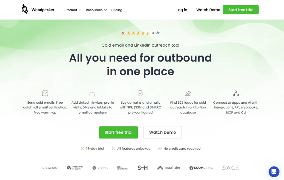 A screenshot of the Woodpecker website homepage, an outbound sales automation tool. The page features a headline 'All you need for outbound in one place' with a 4.5/5 star rating, calls to action to 'Start free trial' or 'Watch Demo', and outlines key features such as sending cold emails, LinkedIn integration, domain and email buying, B2B lead generation, and app connectivity.