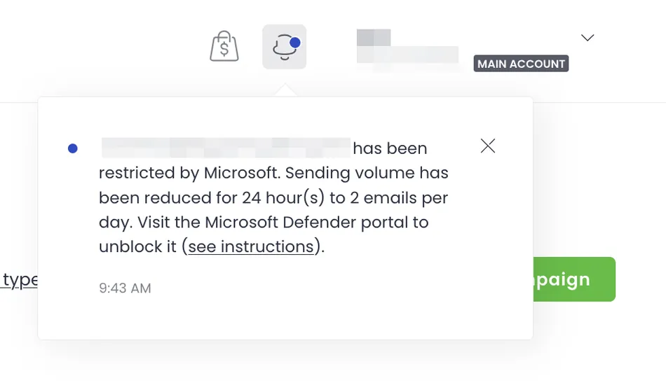 A screenshot displays a notification from Microsoft stating that sending volume has been restricted to 2 emails per day for 24 hours. It advises visiting the Microsoft Defender portal to unblock it.