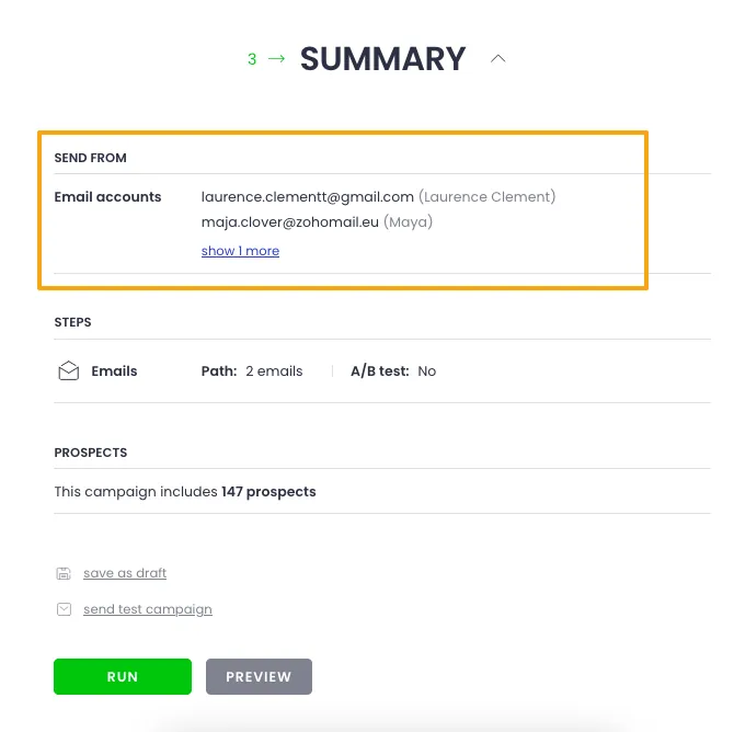 A screenshot of a campaign summary page showing 'SEND FROM' with two email accounts listed and a 'show 1 more' link. Below that are 'STEPS' indicating 2 emails and no A/B test, and 'PROSPECTS' showing 147 prospects, along with 'save as draft', 'send test campaign', 'RUN', and 'PREVIEW' buttons.