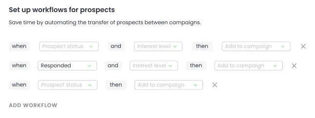 This image shows a user interface for setting up workflows for prospects. It features three 'when... then' rule rows, allowing users to define conditions such as 'Prospect status' or 'Responded' and 'Interest level' to trigger an action like 'Add to campaign.'