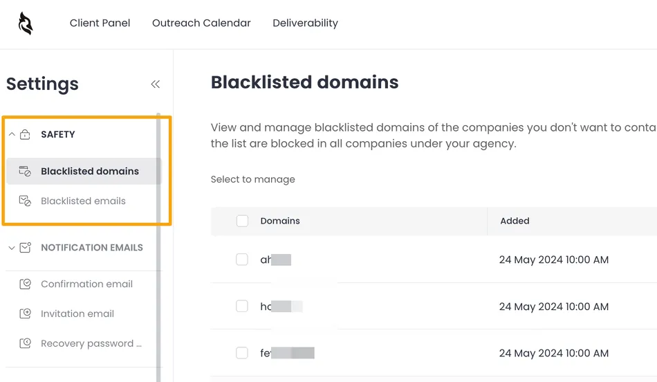 A screenshot of a web application showing 'Settings' on the left sidebar. Under 'SAFETY', 'Blacklisted domains' is highlighted, indicating it is the currently selected option. The main content area displays 'Blacklisted domains' as the title, followed by a description of the feature and a list of domains with checkboxes and their 'Added' dates.